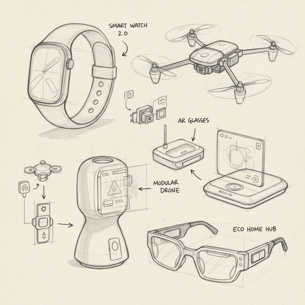 завантаження 36 Illustration of future tech devices: smartwatch, drone, AR glasses, modular drone, and eco home hub, concept designs. | Sky Rye Design Illustration of future tech devices: smartwatch, drone, AR glasses, modular drone, and eco home hub, concept designs.
