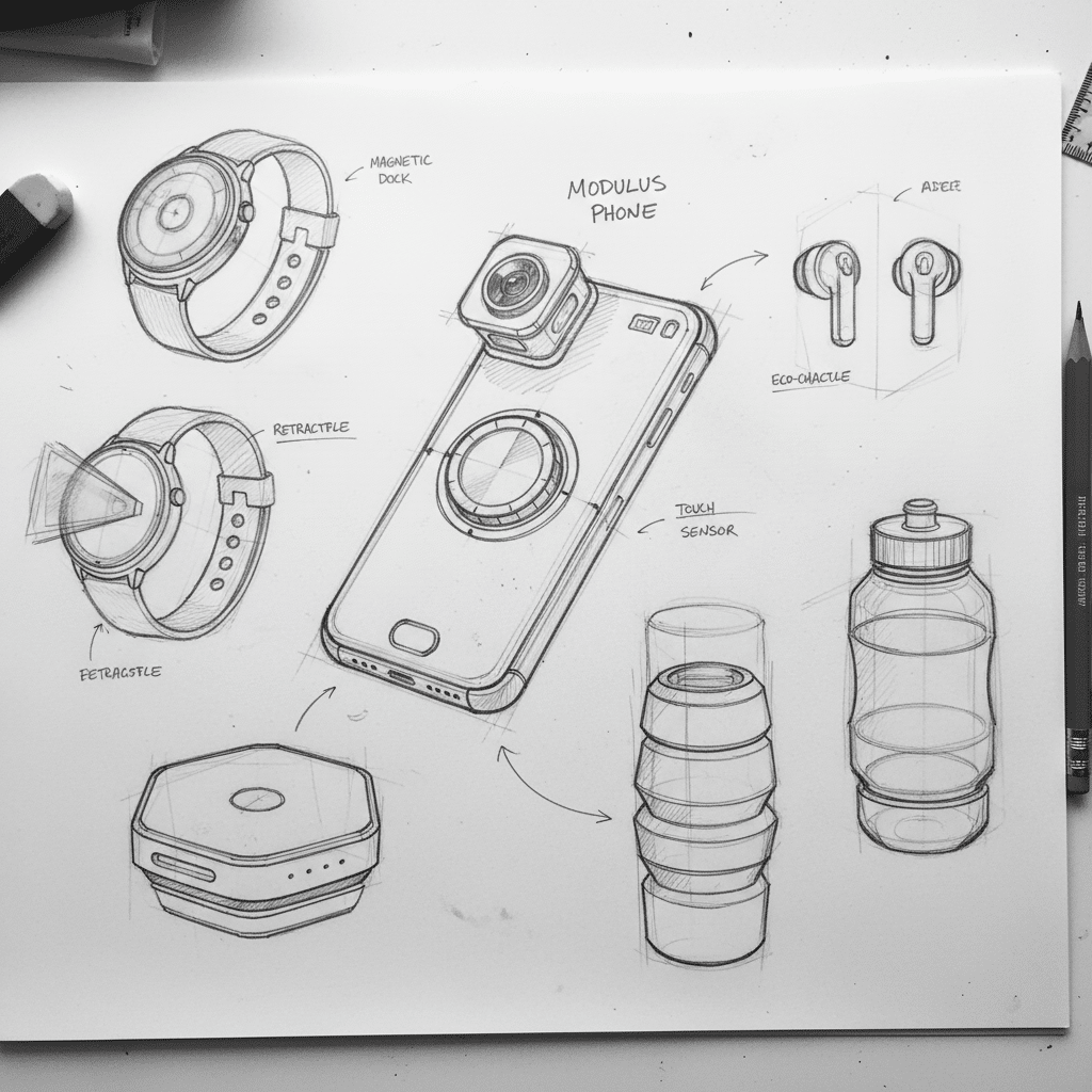 завантаження 37 Sketch of modular technology devices: phone, smartwatch, earbuds, and collapsible bottle design concepts. | Sky Rye Design Sketch of modular technology devices: phone, smartwatch, earbuds, and collapsible bottle design concepts.