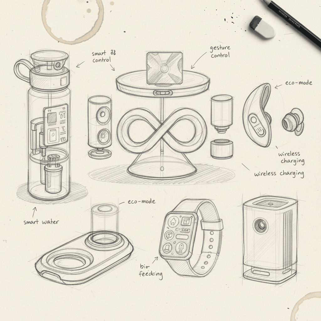завантаження 38 Innovative gadget sketches showcasing smart control, gesture control, eco-mode, wireless charging, and smart water features. | Sky Rye Design Innovative gadget sketches showcasing smart control, gesture control, eco-mode, wireless charging, and smart water features.