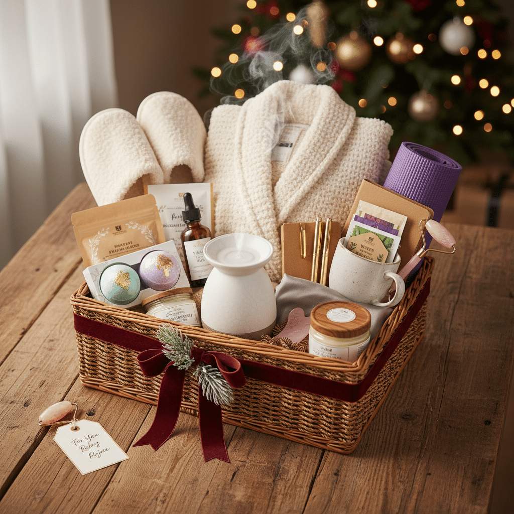 завантаження 51 Luxury spa gift basket with robe, slippers, and self-care items, perfect for relaxation and pampering at home. | Sky Rye Design Luxury spa gift basket with robe, slippers, and self-care items, perfect for relaxation and pampering at home.