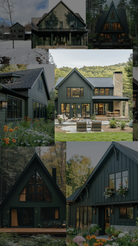 завантаження Collage of modern dark green homes in natural settings with diverse architectural styles. | Sky Rye Design Collage of modern dark green homes in natural settings with diverse architectural styles.