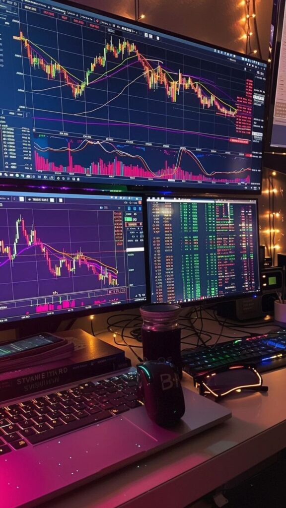 26dc7ea801ad4fba7448f4ddc2a63619 Multiscreen trading setup with charts and graphs, illuminated keyboard, and ambient lighting for financial trading. | Sky Rye Design Multiscreen trading setup with charts and graphs, illuminated keyboard, and ambient lighting for financial trading.