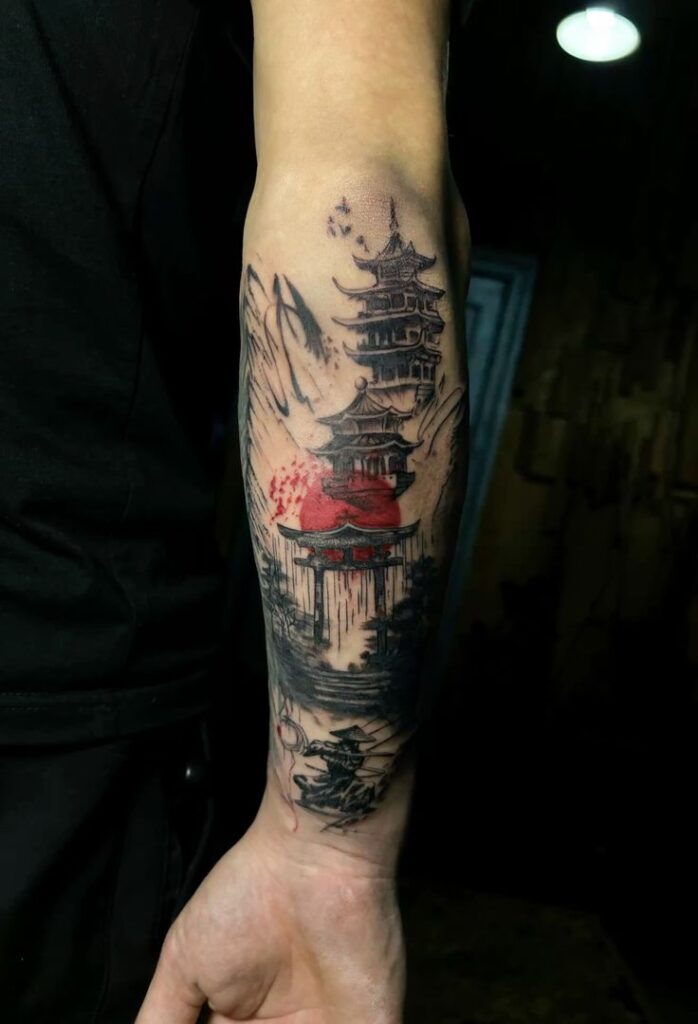 Arm tattoo featuring a pagoda and samurai design, enhanced with red accents, blending traditional Asian art elements.