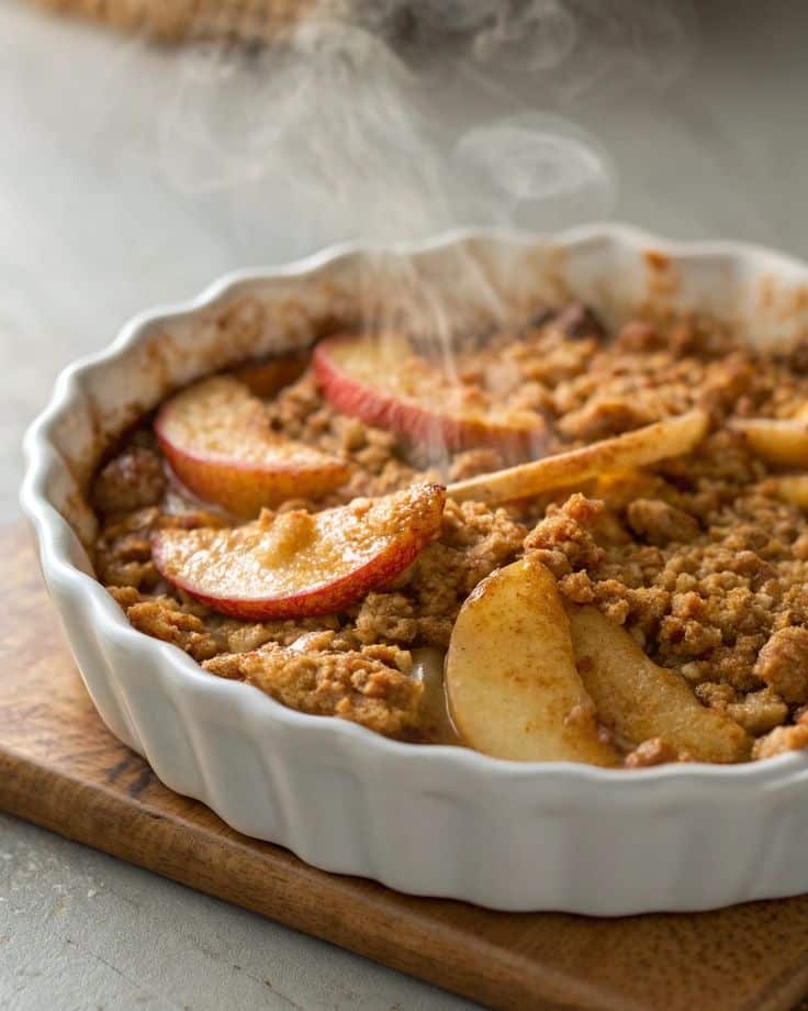 🍎✨ Apple Crumble Recipe Freshly baked apple crumble with steam rising in a white dish, showcasing a golden crust and juicy apple slices. | Sky Rye Design Freshly baked apple crumble with steam rising in a white dish, showcasing a golden crust and juicy apple slices.
