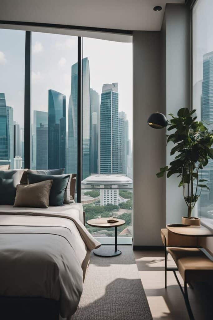 🏡 Home Away from Home_ Daily Service Apartment in Singapore 🛌 Modern bedroom with city skyline view, featuring large windows, cozy bed, indoor plant, and minimalist decor. | Sky Rye Design Modern bedroom with city skyline view, featuring large windows, cozy bed, indoor plant, and minimalist decor.