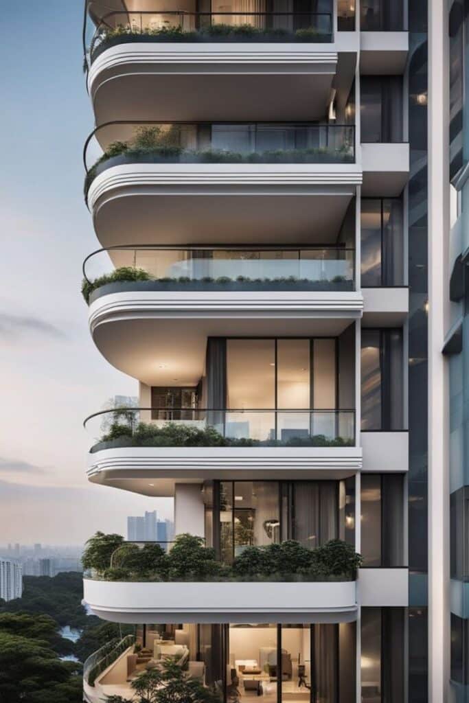 🏨🌟 Luxe Living_ Somerset Bencoolen Serviced Apartment in Singapore 🇸🇬 Modern apartment building with spacious balconies and greenery, city skyline view. | Sky Rye Design Modern apartment building with spacious balconies and greenery, city skyline view.