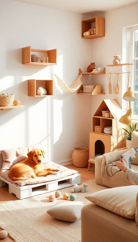 🐾 Ultimate Easy DIY Home Pet Paradise Cozy Stylish Budget-Friendly 🏡 Cozy living room with dog on pallet bed, cat furniture shelves, and natural decor in sunlight. | Sky Rye Design Cozy living room with dog on pallet bed, cat furniture shelves, and natural decor in sunlight.