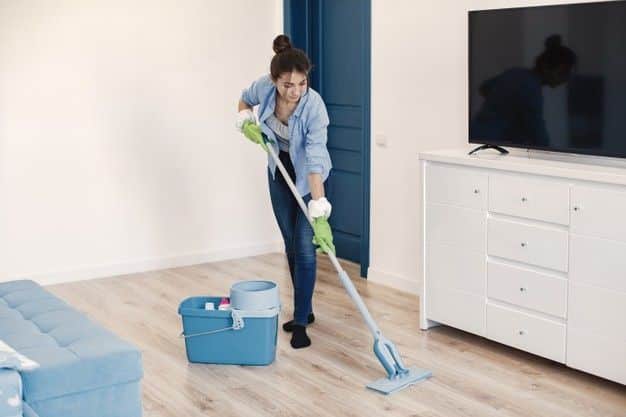 005abeacfc8ef9528f84fd3a8dac989d Woman mopping wooden floor in living room, cleaning supplies in blue bucket nearby. | Sky Rye Design Woman mopping wooden floor in living room, cleaning supplies in blue bucket nearby.
