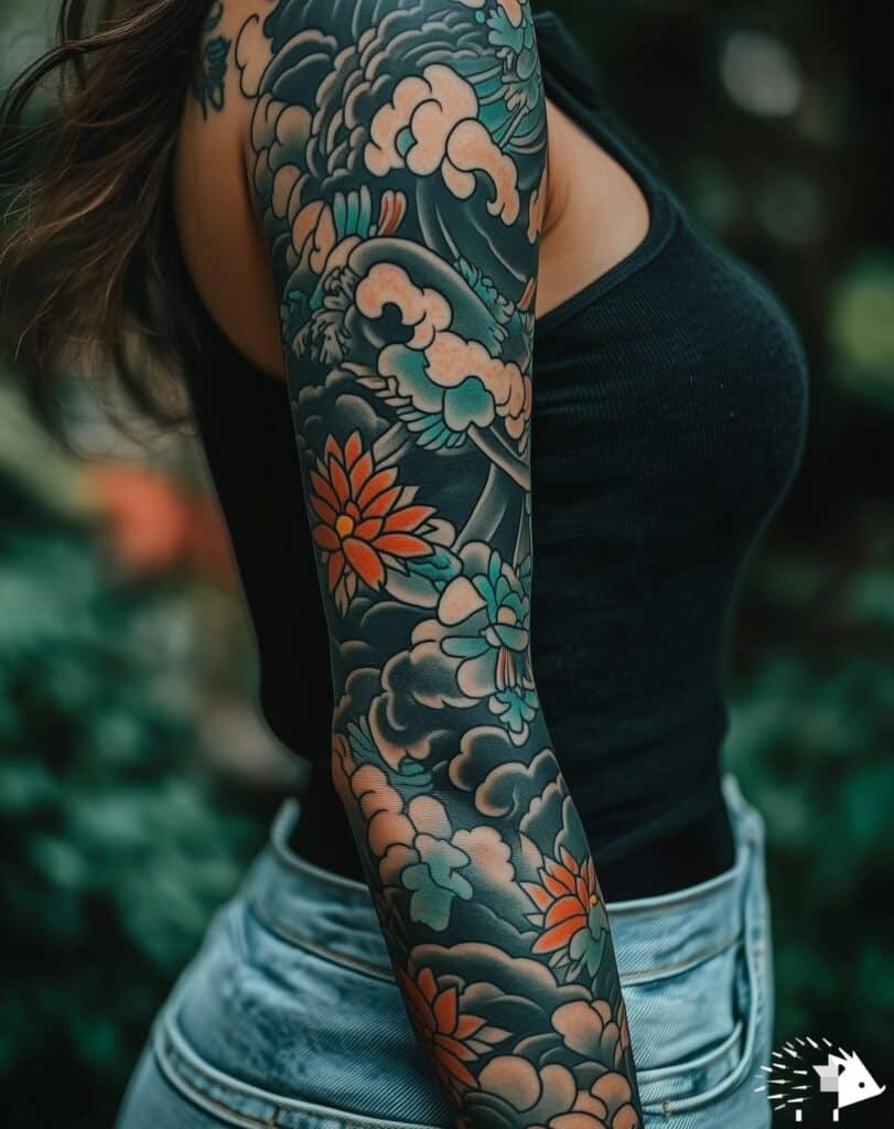Colorful sleeve tattoo on woman's arm, floral and cloud design, wearing black top and denim shorts.