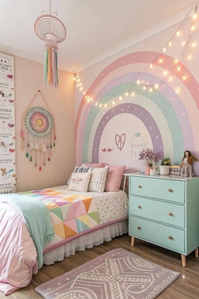 00811708d9c89414b0f82da4e6307d0f Colorful kids' bedroom with rainbow mural, pastel decor, string lights, and cozy bedding. Whimsical and inviting space. | Sky Rye Design Colorful kids' bedroom with rainbow mural, pastel decor, string lights, and cozy bedding. Whimsical and inviting space.