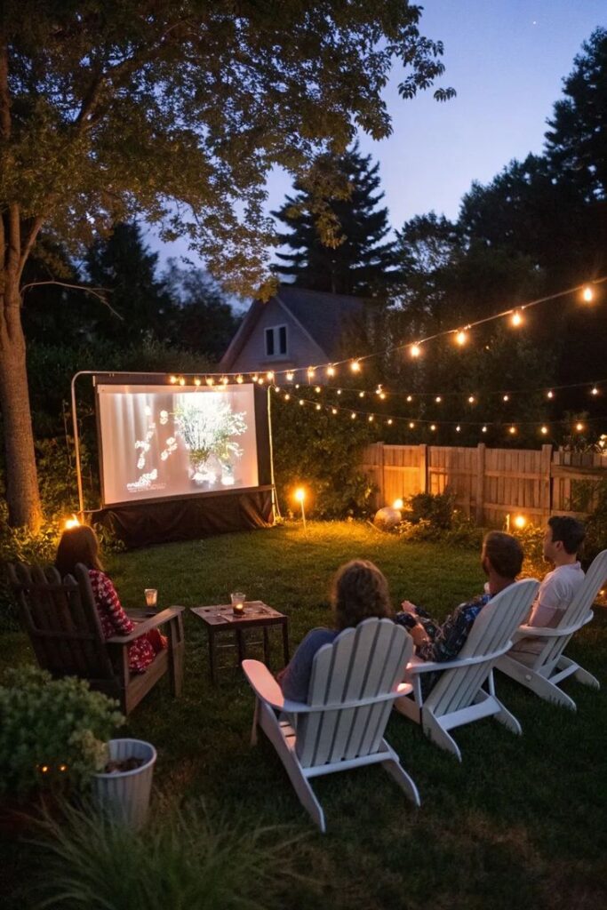 Backyard movie night with friends, cozy seating, string lights, and outdoor screen under a twilight sky.