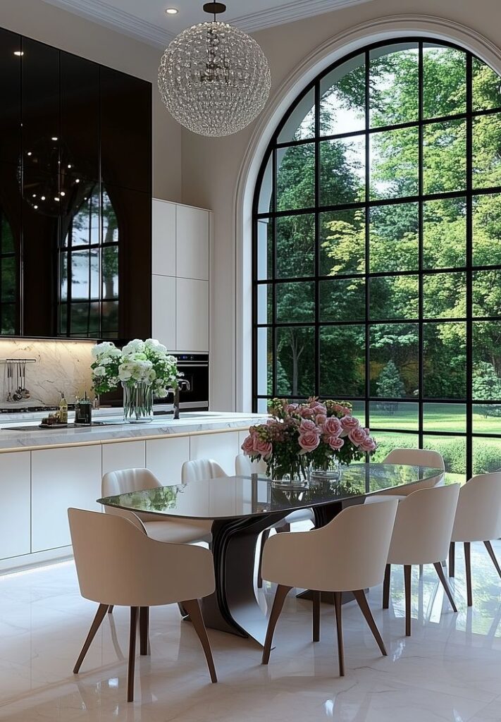 Elegant dining area with a glass table, white chairs, and large arched windows overlooking a lush green garden.