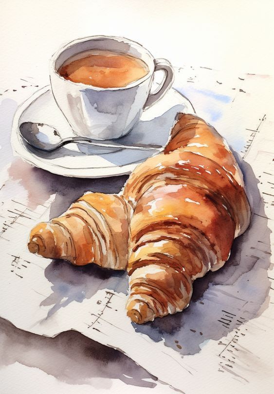 Watercolor of a freshly baked croissant and coffee cup on a saucer with a spoon, creating a cozy breakfast scene.
