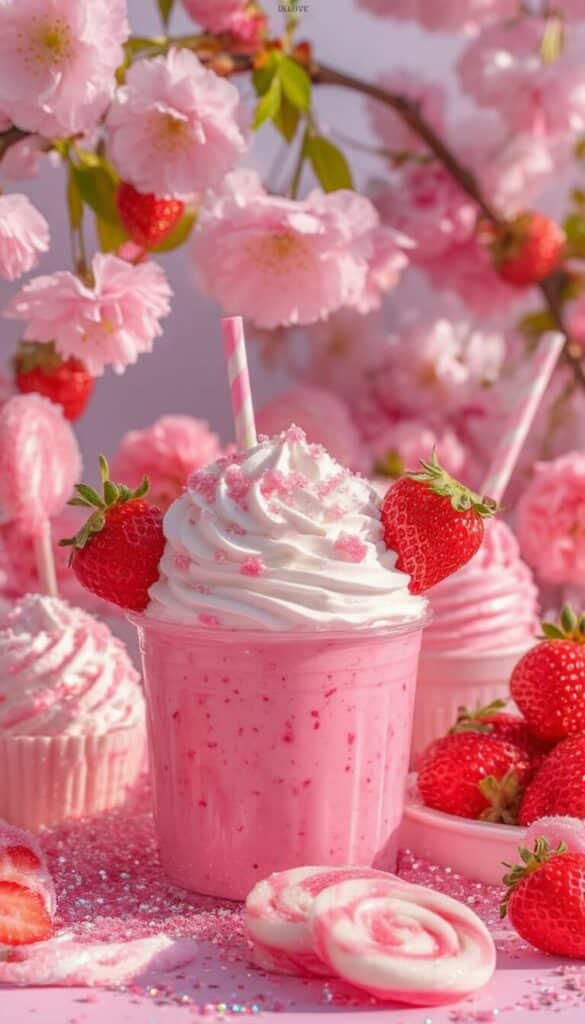 01589b45-73b9-426b-8711-b006c0029be3 Pink strawberry milkshake with whipped cream, surrounded by flowers and candies, creating a vibrant, sweet scene. | Sky Rye Design Pink strawberry milkshake with whipped cream, surrounded by flowers and candies, creating a vibrant, sweet scene.