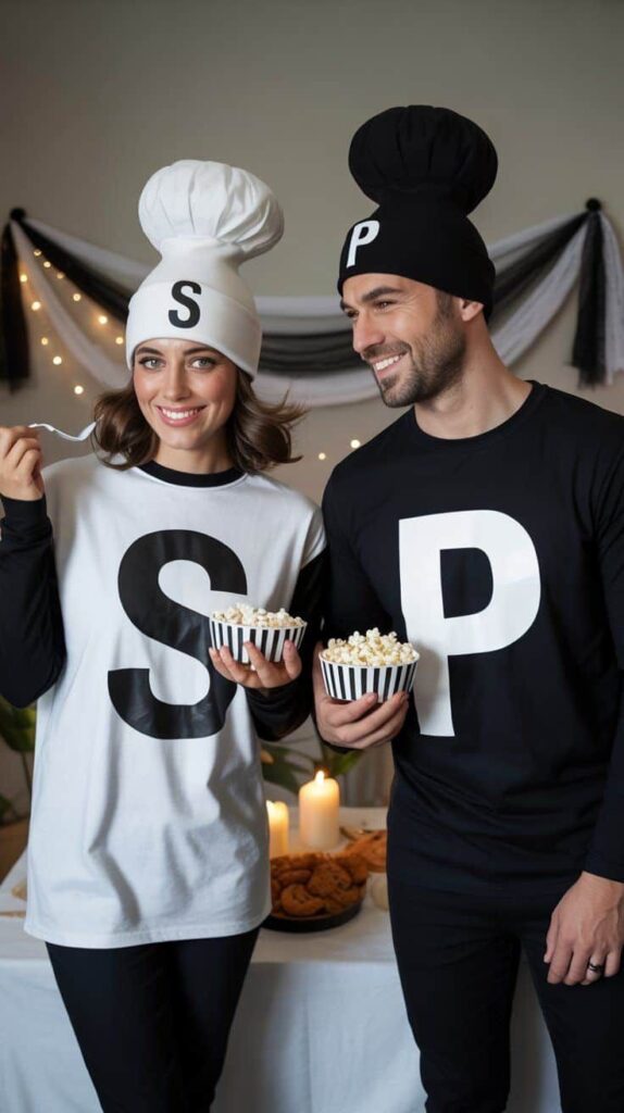 Couple dressed as salt and pepper with popcorn, enjoying a themed party with candles in the background.