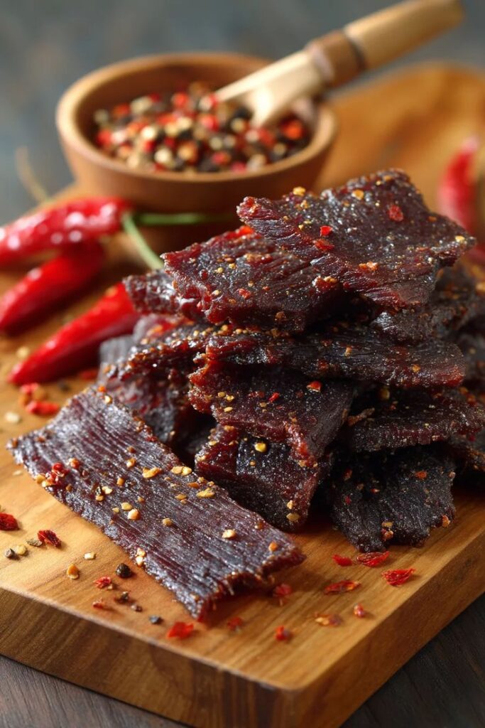 Spicy beef jerky stacked on a wooden board with chili peppers and mixed spices in the background.