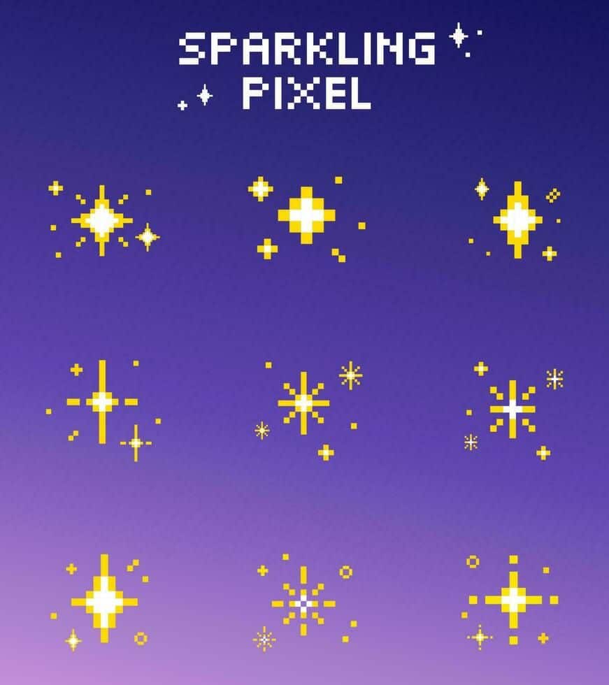 Pixel art of sparkles on a purple gradient background. Text: Sparkling Pixel. Bright, yellow star designs featured.