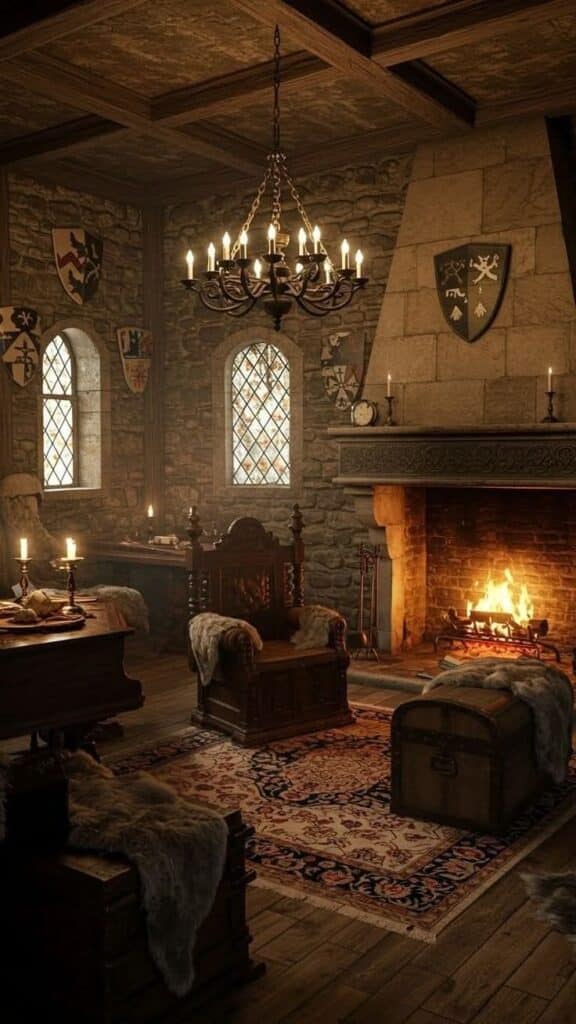 Cozy medieval room with stone fireplace, chandelier, wooden furniture, and tapestry. Warm lighting creates an inviting ambiance.