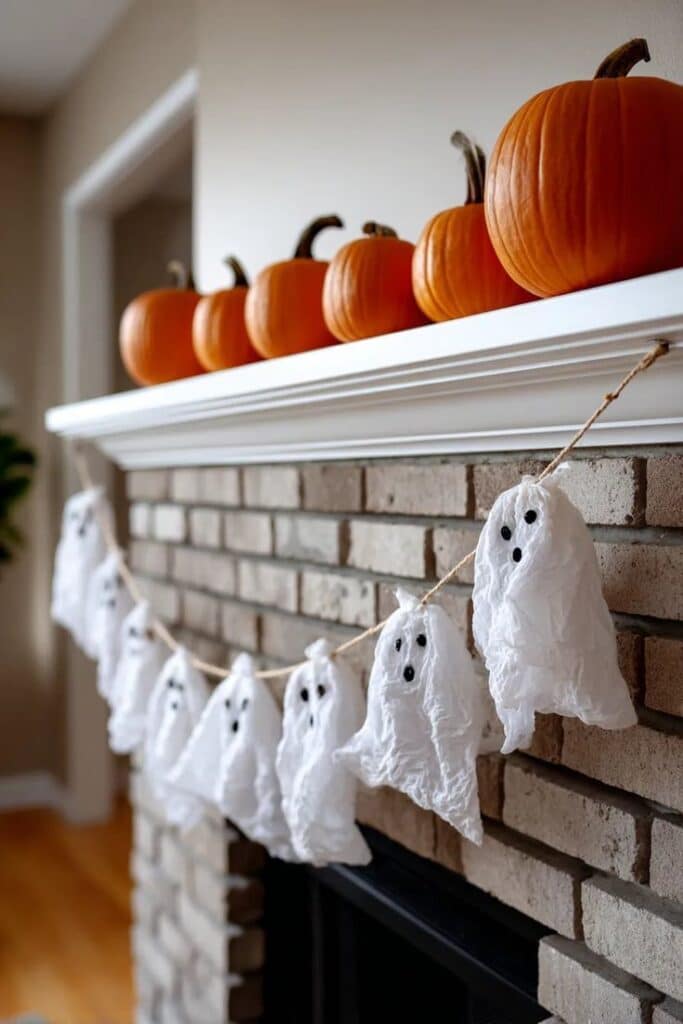 03da2b56a4aa58533ff0c243699ddac5 Halloween mantel decor with pumpkins and a string of ghost decorations over a brick fireplace. | Sky Rye Design Halloween mantel decor with pumpkins and a string of ghost decorations over a brick fireplace.