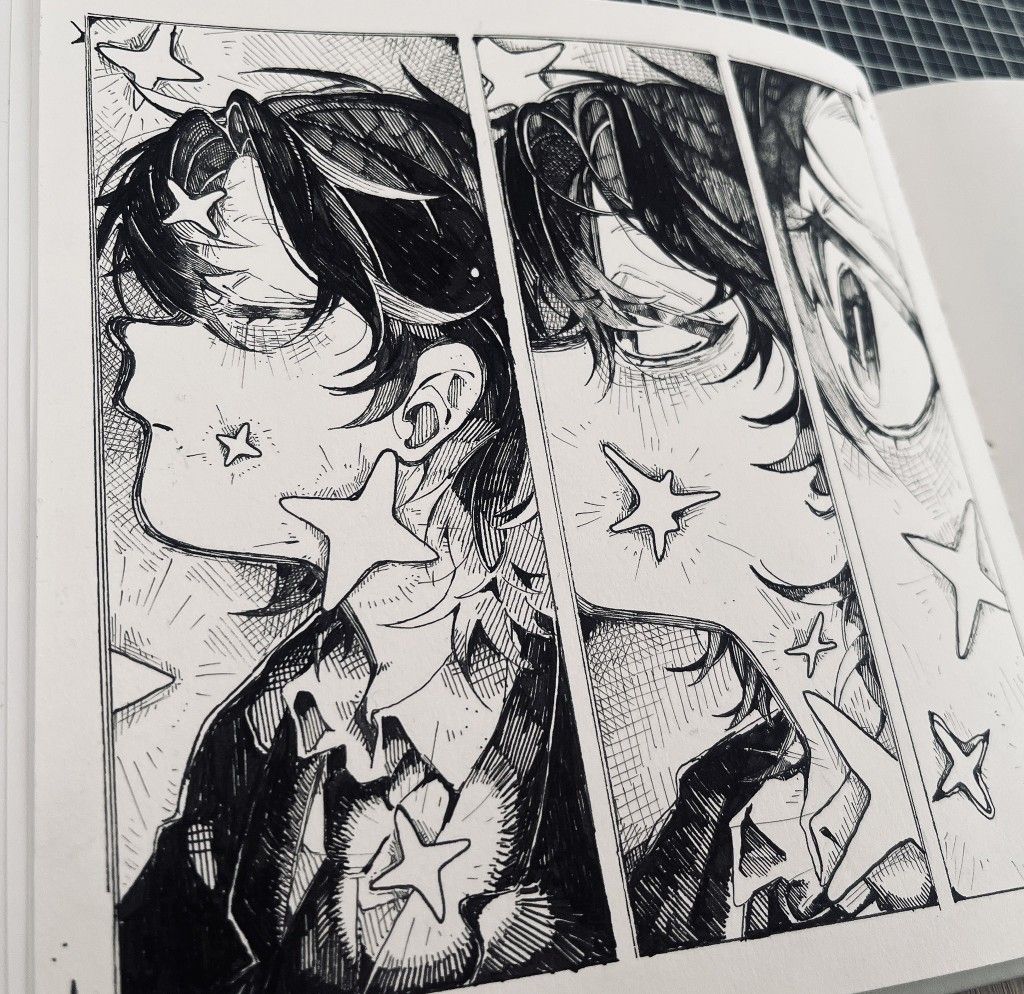 Black and white manga panel featuring a character with star patterns on their face, in a reflective pose.