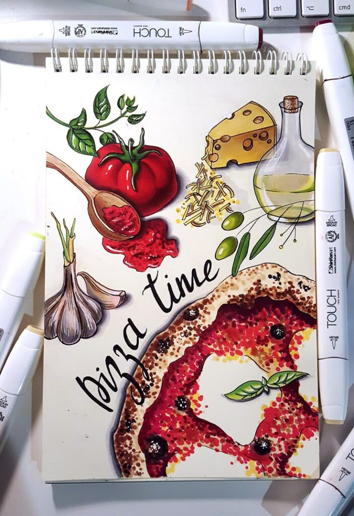 Hand-drawn pizza ingredients: tomato, cheese, garlic, and olive oil on sketchbook. Pizza time text included.