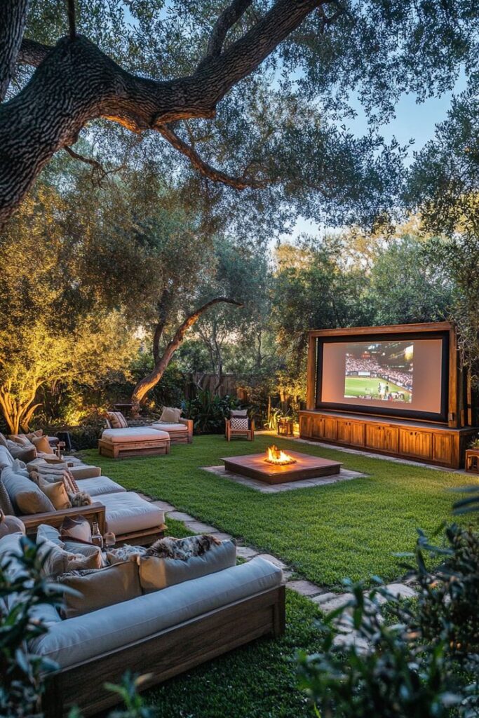 Outdoor backyard cinema with cozy seating, fire pit, and large screen under trees at dusk.