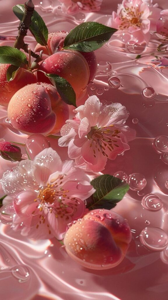 05f69077-7e24-4e8b-bbe2-5c5a5df1153a Peaches and pink blossoms with dew on a glossy surface, showcasing freshness and beauty in a serene setting. | Sky Rye Design Peaches and pink blossoms with dew on a glossy surface, showcasing freshness and beauty in a serene setting.