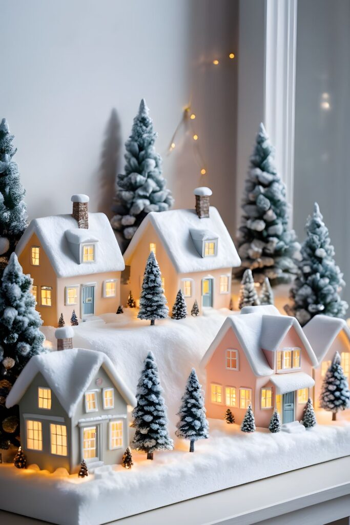 06288ec9487290f64fd084a3d5afa5d1 Snowy village scene with illuminated houses and pine trees, creating a cozy winter atmosphere indoors. | Sky Rye Design Snowy village scene with illuminated houses and pine trees, creating a cozy winter atmosphere indoors.