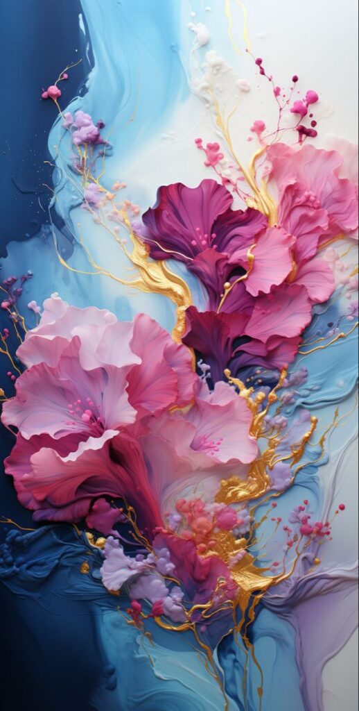 07075686-0115-49f4-a11b-86c307a6e91b Abstract floral painting with vibrant pink, purple, and gold hues on a blue background, evoking elegance and creativity. | Sky Rye Design Abstract floral painting with vibrant pink, purple, and gold hues on a blue background, evoking elegance and creativity.