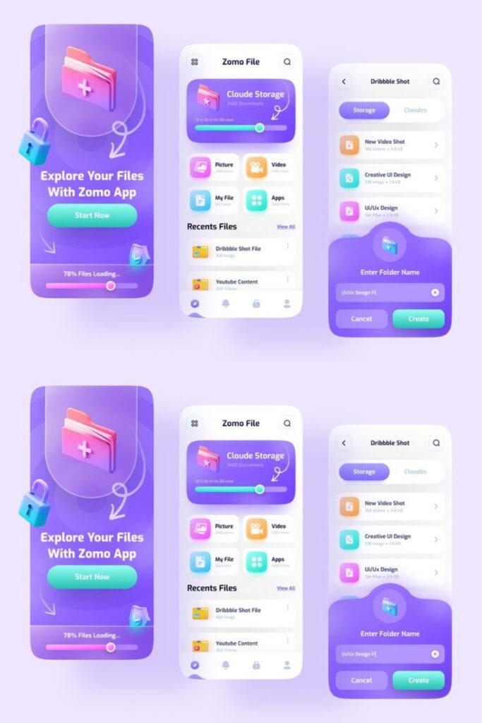 071230c194f9fdf90d16b3e487b5b41e Mobile app UI showcasing file management features with vibrant purple theme and icons. | Sky Rye Design Mobile app UI showcasing file management features with vibrant purple theme and icons.