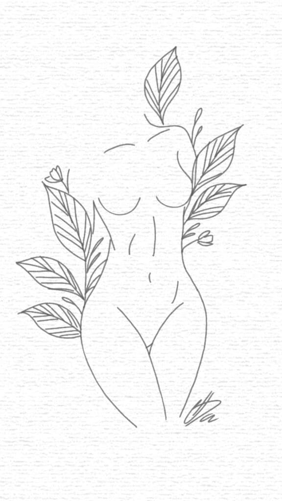 Minimalist line art of a woman's silhouette with leaves and flowers, sketched in black on a textured white background.