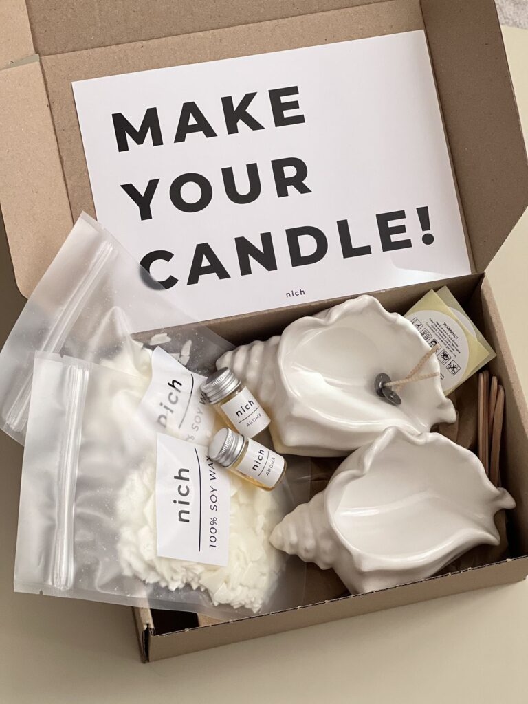 0759ba58794c52e3638b0682ffc8e88a Candle making kit with soy wax, fragrances, and shell-shaped molds in a box labeled Make Your Candle! | Sky Rye Design Candle making kit with soy wax, fragrances, and shell-shaped molds in a box labeled Make Your Candle!