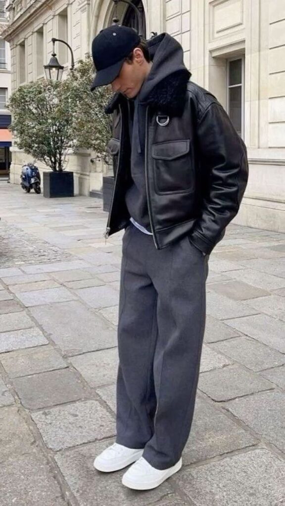 Man in urban style: black leather jacket, cap, grey pants, and white sneakers on city street.