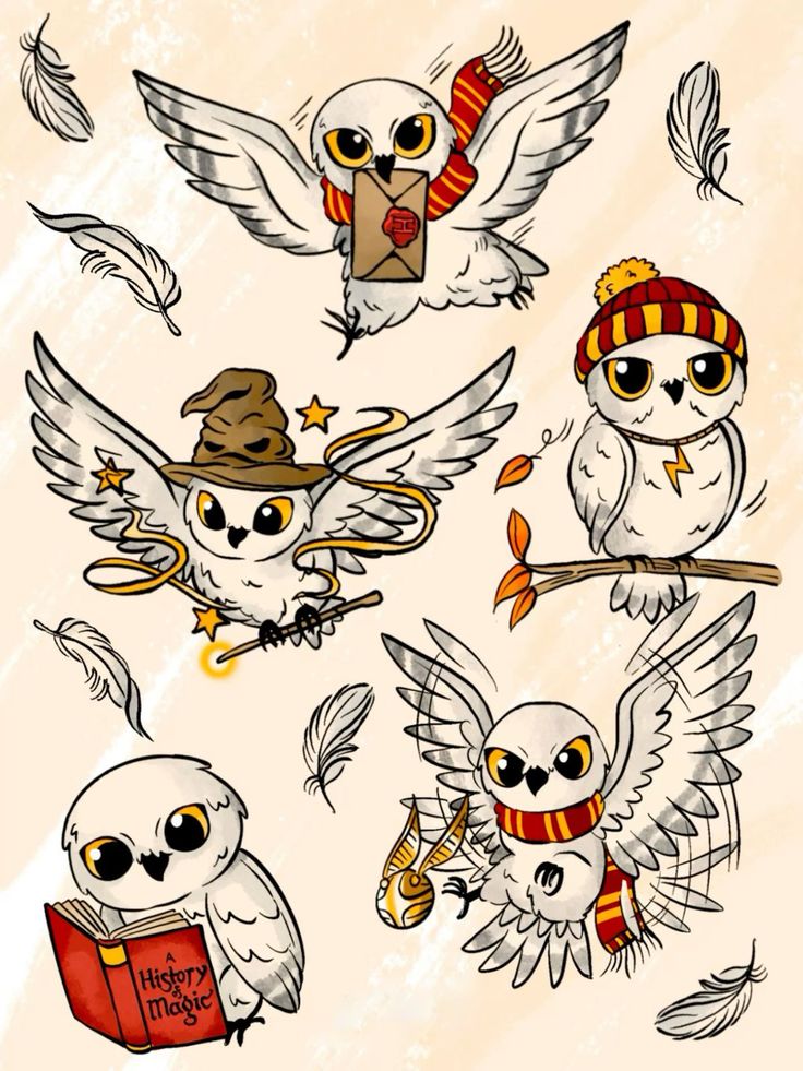 089ffc7b-b2d5-4fba-ad4c-5ab4d2722b3d Illustrated owls in wizard attire with scarves, letter, hat, wand, book, and snitch, surrounded by floating feathers. | Sky Rye Design Illustrated owls in wizard attire with scarves, letter, hat, wand, book, and snitch, surrounded by floating feathers.