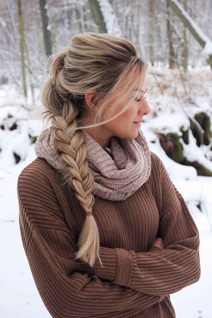Woman with braided hair, wearing a brown sweater and scarf, stands in snowy forest, looking to the side.