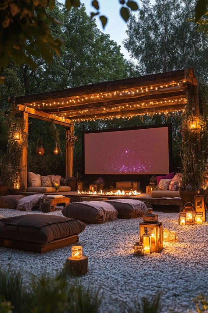 Cozy outdoor movie setup with string lights, fire pit, and cushions under a wooden pergola, perfect for a night gathering.