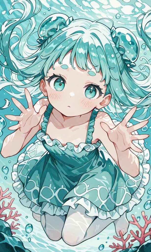 Anime girl underwater with teal hair and dress, reaching out surrounded by bubbles and coral.