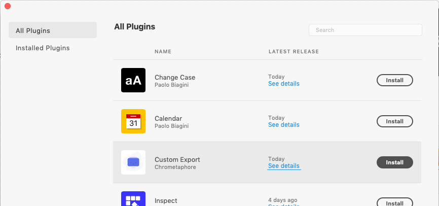 Plugin management interface displaying various plugins available for installation and their latest release details.