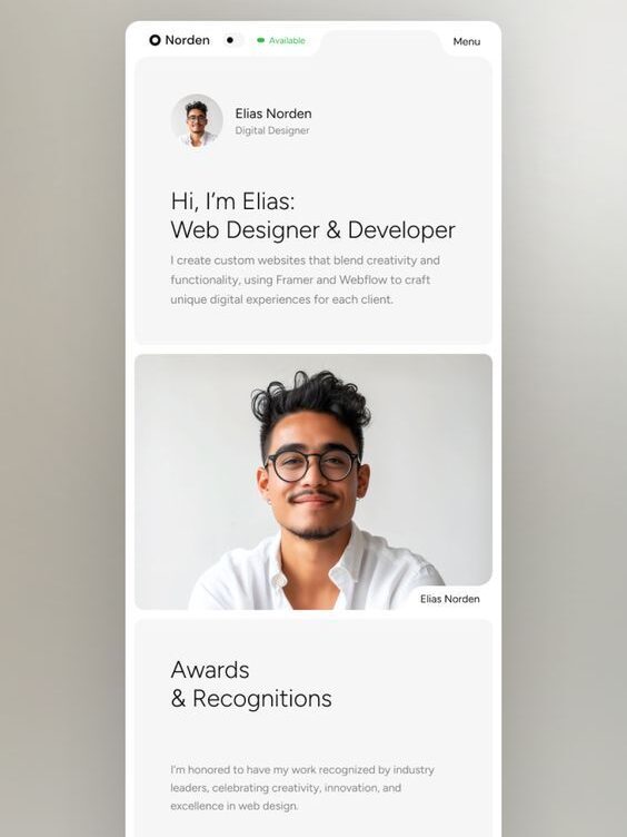 0a61a57786a9ca9f86731b3970bb1fbd Web designer portfolio preview with profile, photo, and awards section. Clean layout showcasing Elias's skills and achievements. | Sky Rye Design Web designer portfolio preview with profile, photo, and awards section. Clean layout showcasing Elias's skills and achievements.