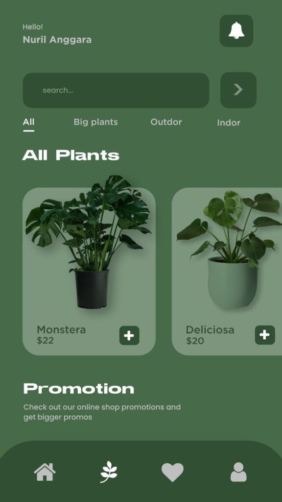 Online plant shop UI with Monstera and Deliciosa, prices  and . Promotion section included.