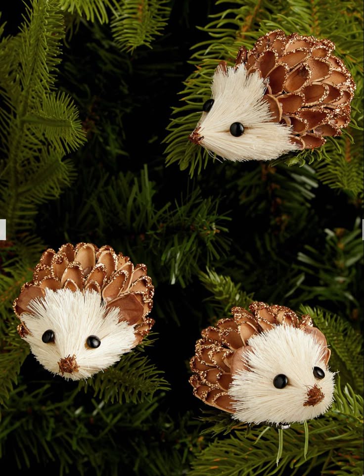 0e518aaa-b639-4925-bcbf-8e57a5c5b677 Three hedgehog ornaments nestled among green pine branches. | Sky Rye Design Three hedgehog ornaments nestled among green pine branches.