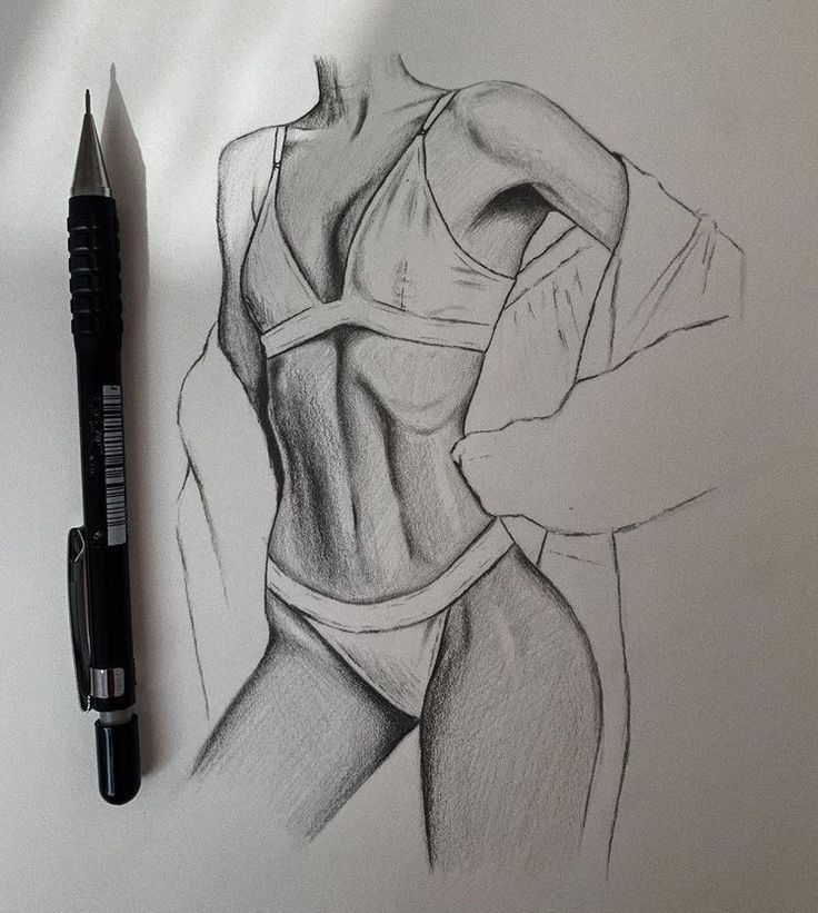 Pencil sketch of a woman in underwear and an open shirt, showcasing detailed shading and a pen beside the drawing.