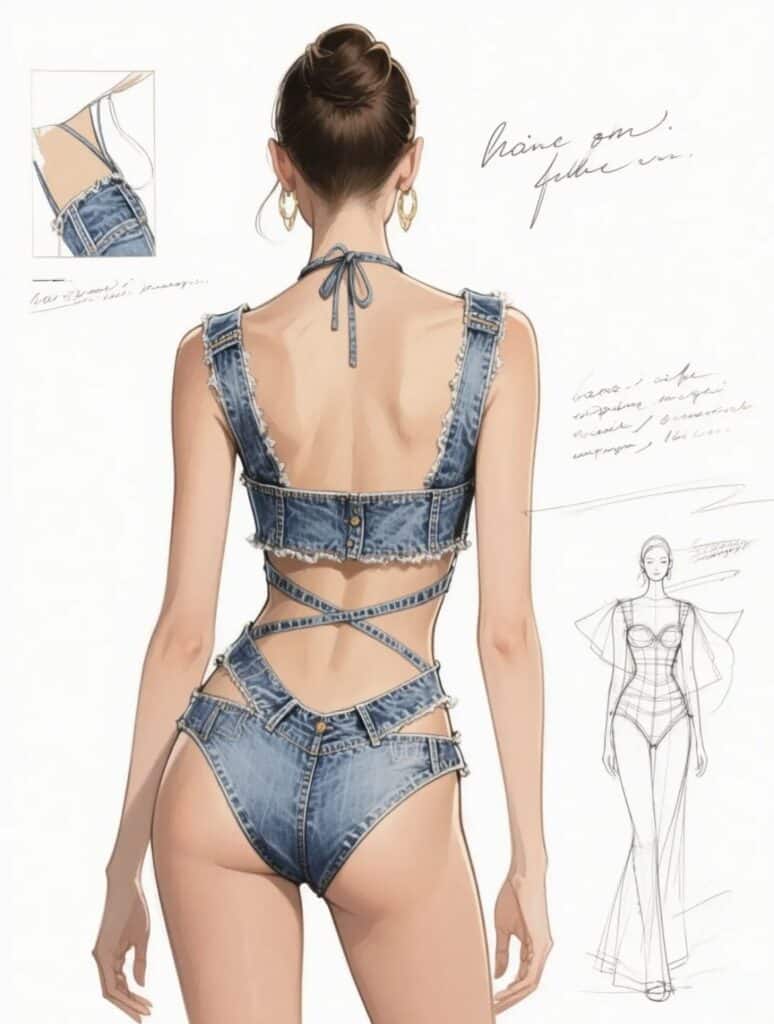 Fashion illustration of woman in denim outfit with unique cutout design, showcasing back and side details.