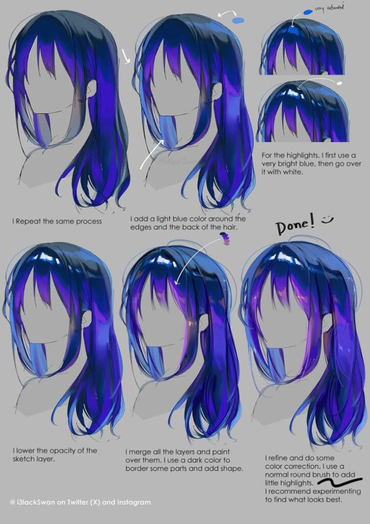 0ed38d9b02052177a6041e77f384dbb1 Digital art tutorial: Step-by-step guide to coloring vibrant anime hair with blue highlights and shading techniques. | Sky Rye Design Digital art tutorial: Step-by-step guide to coloring vibrant anime hair with blue highlights and shading techniques.