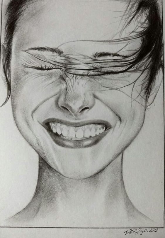 Pencil drawing of a smiling woman with eyes closed and wind-swept hair, capturing joyful expression.