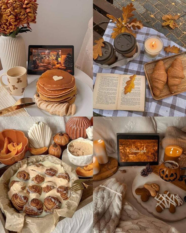 0f21d794-ca85-4d78-9209-4c8cfba974c6 Cozy autumn setup with pancakes, croissants, coffee, candles, and a tablet displaying a show; perfect fall vibes. | Sky Rye Design Cozy autumn setup with pancakes, croissants, coffee, candles, and a tablet displaying a show; perfect fall vibes.