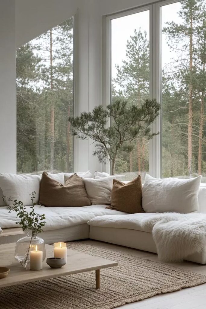 Cozy Scandinavian living room with a white sectional sofa, large windows, candles, and nature view.