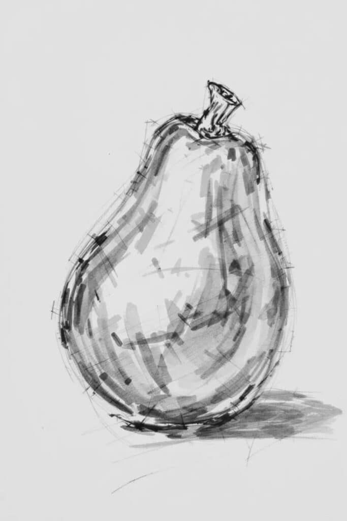 Black and white sketch of a pear with shading, showcasing artistic pencil strokes on a textured background.
