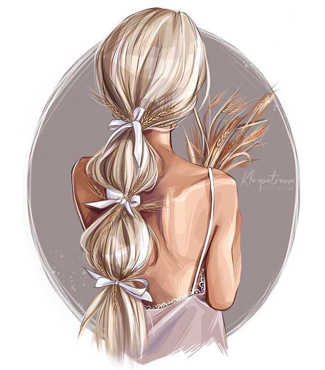 Illustration of a woman with long braid, white ribbons, and wheat, wearing a spaghetti strap dress.