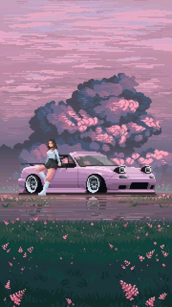 Pixel art of a woman leaning on a pastel pink sports car with a sunset backdrop and blooming flowers.